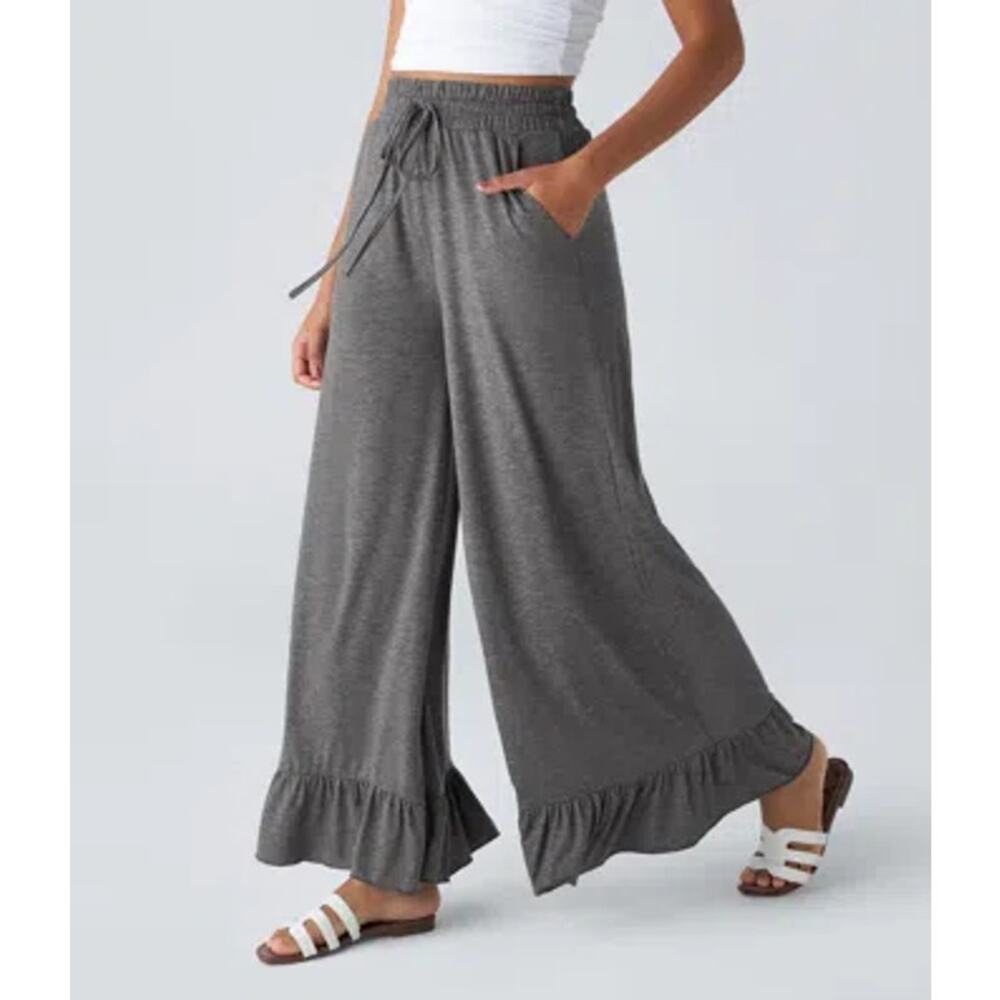 Halara Gray Wide Leg Lounge Pants Ruffle Hem Drawstring Waist Cropped Leg XSmall